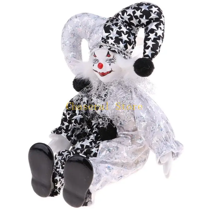 E7CE Movable Limb Clown Doll Ceramic Figurine Statue Halloween Tabletop Ornament