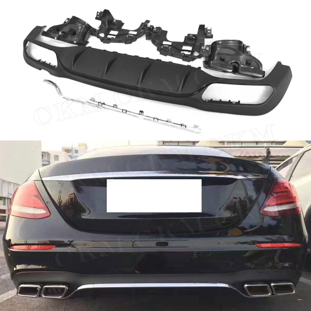 

PP E Class Rear Bumper Lip Diffuser with Exhaust Tips 4 Outlet for Benz W213 E200 E300 E43 Sport Change to E63 AMG Look 17-18