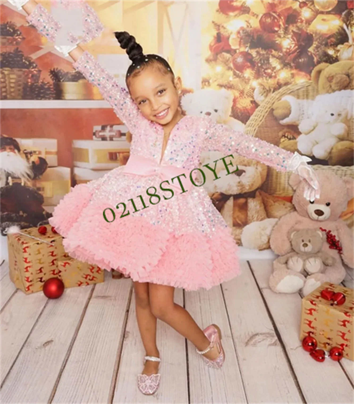 Flower Girl Dress O-Neck Puffy Sleeves Princess Girl Dress Floor Length Child Party Birthday Dresses Gown