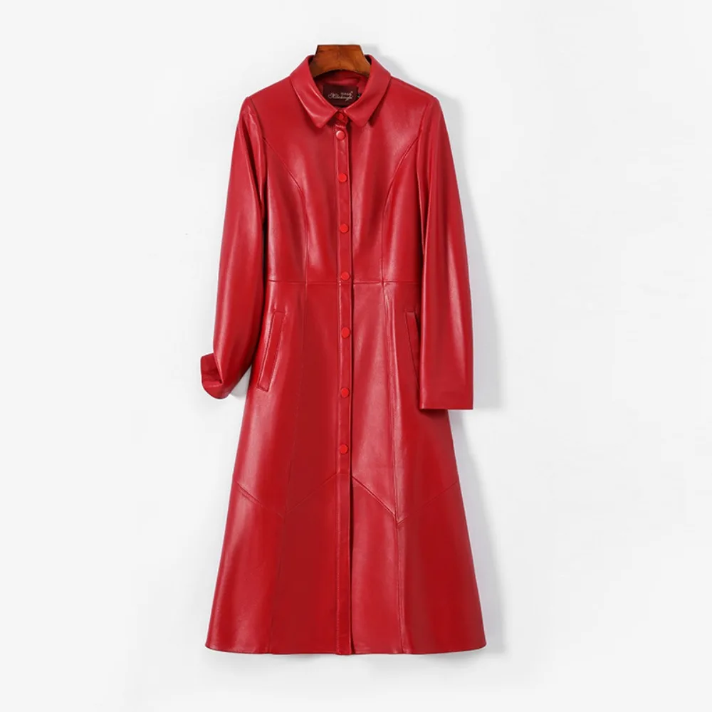 Women Genuine Leather Long Coat Korean Style Slim Fashion Over Knee Trench Coat