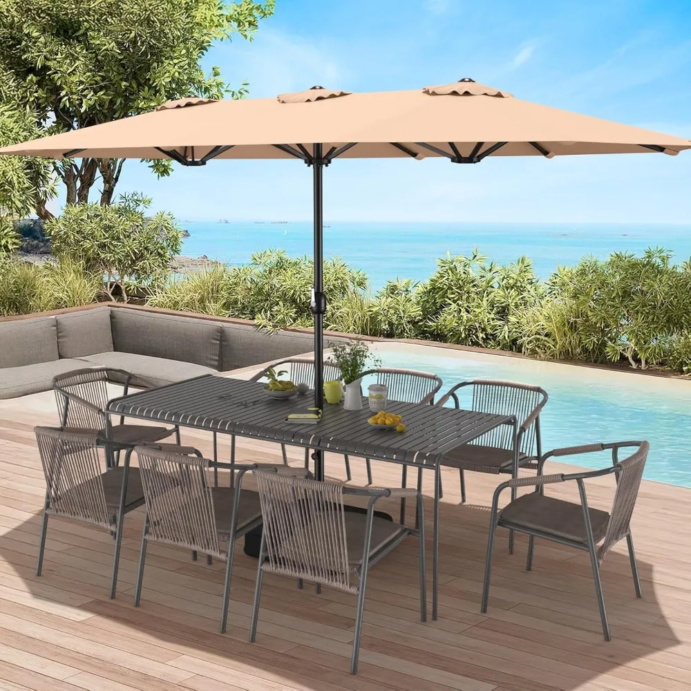 

15ft Patio Umbrella with Base Included, Extra Large Shade Area, Double Sided Rectangle with Crank Handle for Poolside