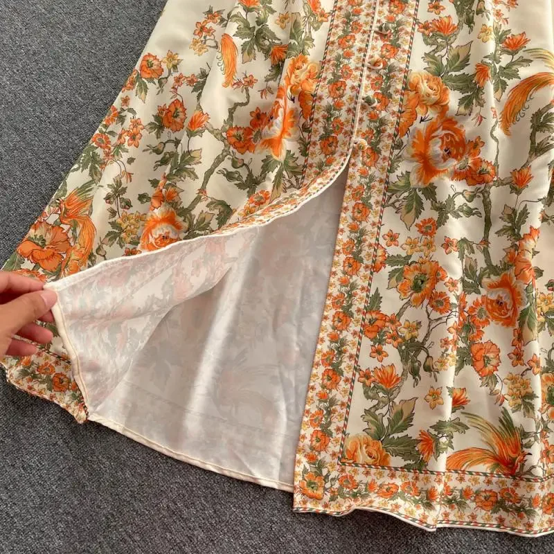 2024 New Dress Autumn Vintage Chiffon Single Breasted Lady Full Dress A Line V Neck Puff Sleeve Mid-Calf Women Dresses Vestido