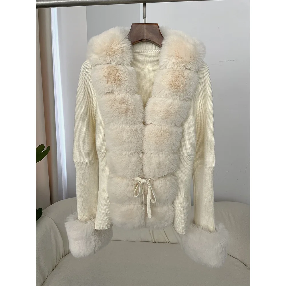 Faux Fur Coat Luxury Patchwork Knit Sweater Bandage Fur Cardigan Detachable Collar Jacket Autumn-winter Women\'s Faux Fur Coat