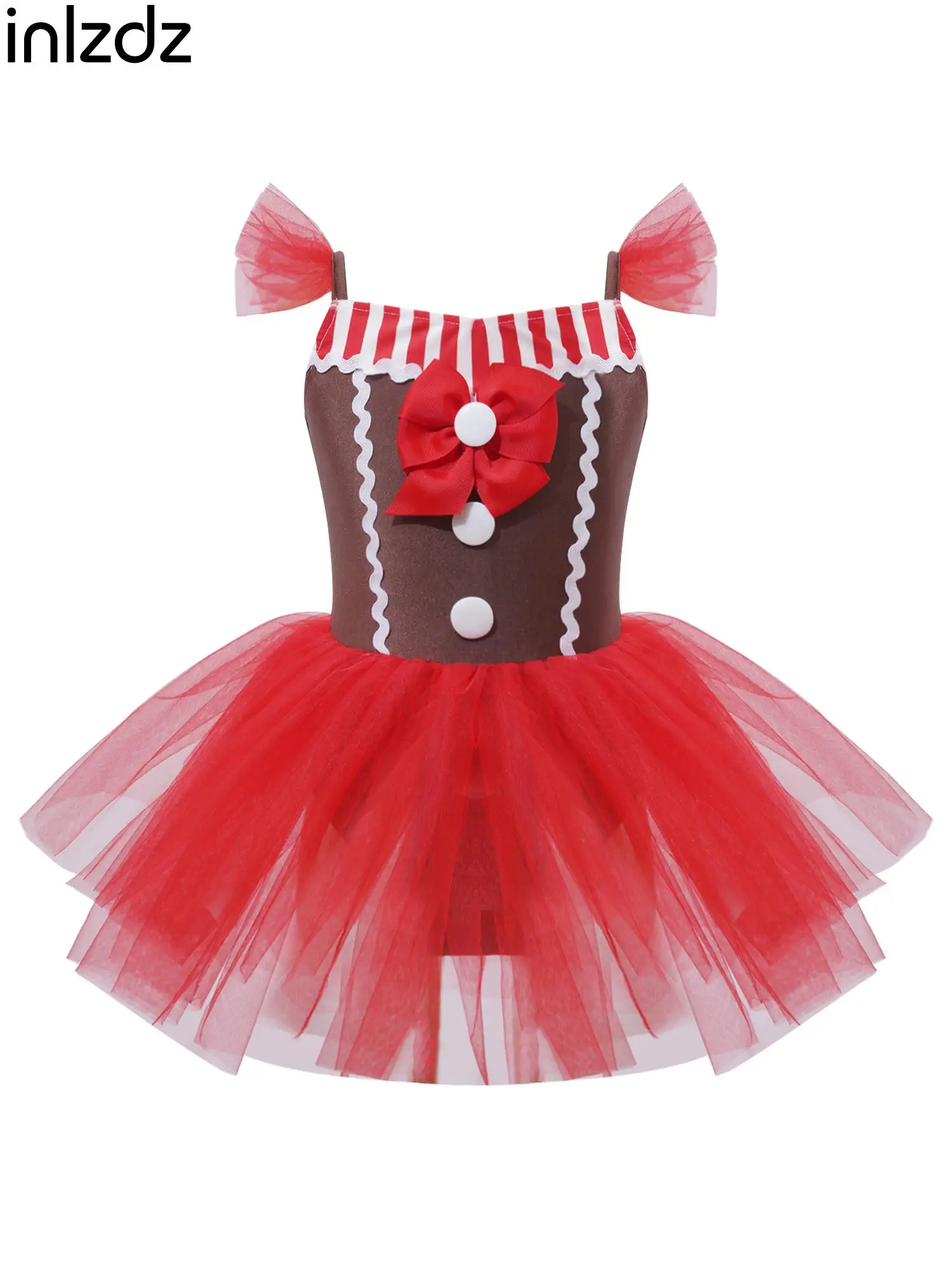 Kids Girls Christmas Gingerbread Man Costume Christmas Santa Dance Dress Sleeveless Ballet Tutu Dresses Dancewear