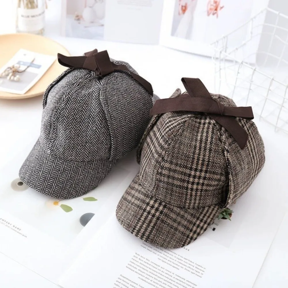 Fashion Striped Pattern Detective Cap Double-Cap Brim All Seasons Ear Protection Cap Snapback Caps Men