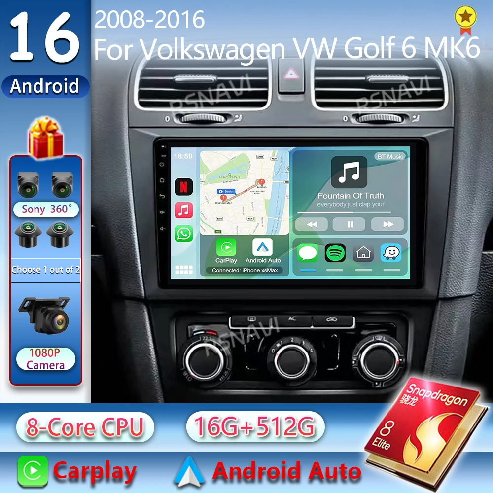 Android 16 Car Radio For Volkswagen VW Golf 6 MK6 GTI R 2008 - 2012 Wireless Carplay Android Auto Car Stereo Multimedia Player