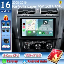 Android 16 Car Radio For Volkswagen VW Golf 6 MK6 GTI R 2008 - 2012 Wireless Carplay Android Auto Car Stereo Multimedia Player