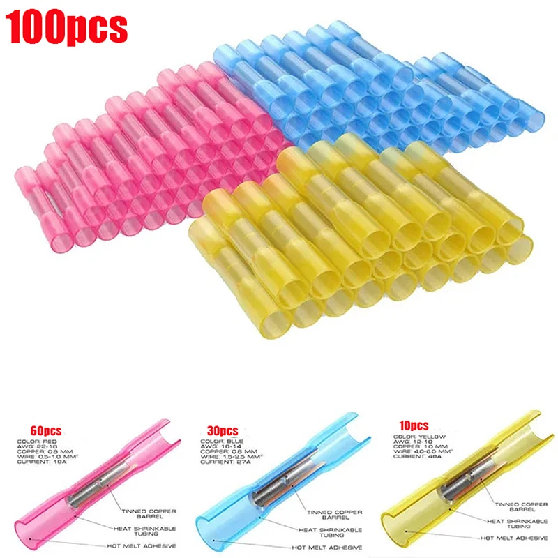 100 stks Waterdichte Krimpkous Draad Connectors Kit, Automotive Elektrische Connector Terminals Kit Butt Splices Connector 22-10AWG