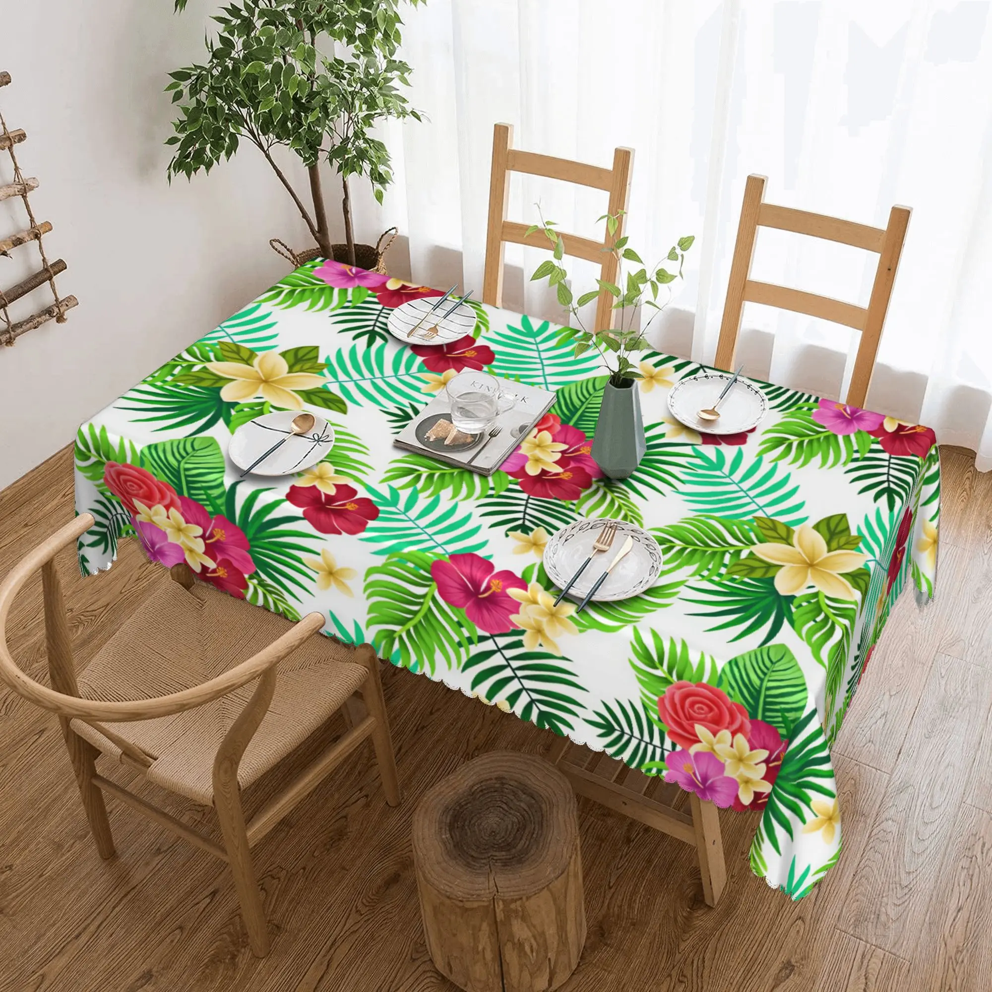 Nappe rectangulaire à motifs de feuilles de palmier et de fleurs, plantes tropicales, nappe anti-huile, couvre-table