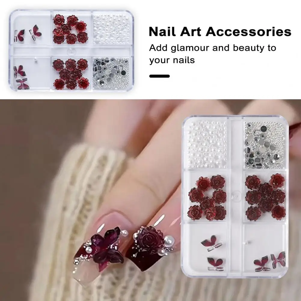 1 Box 3D Pearl White Aurora AB Camellia Black Rose Flowers Resin Nail Art Rhinestones Decoration Manicure Charms Art Accessories