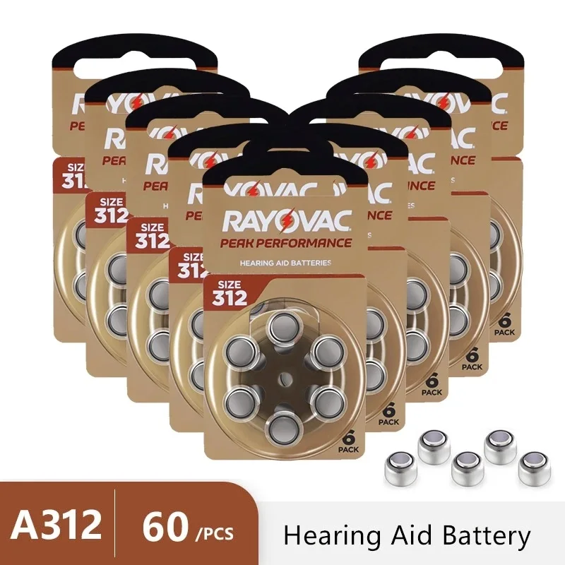 60Pcs Hearing Aid Batteries 312 A312 312A ZA312 312a PR41 Rayovac Peak UK Zinc Air Button Ear Aid Batteries For Hearing Aids 312