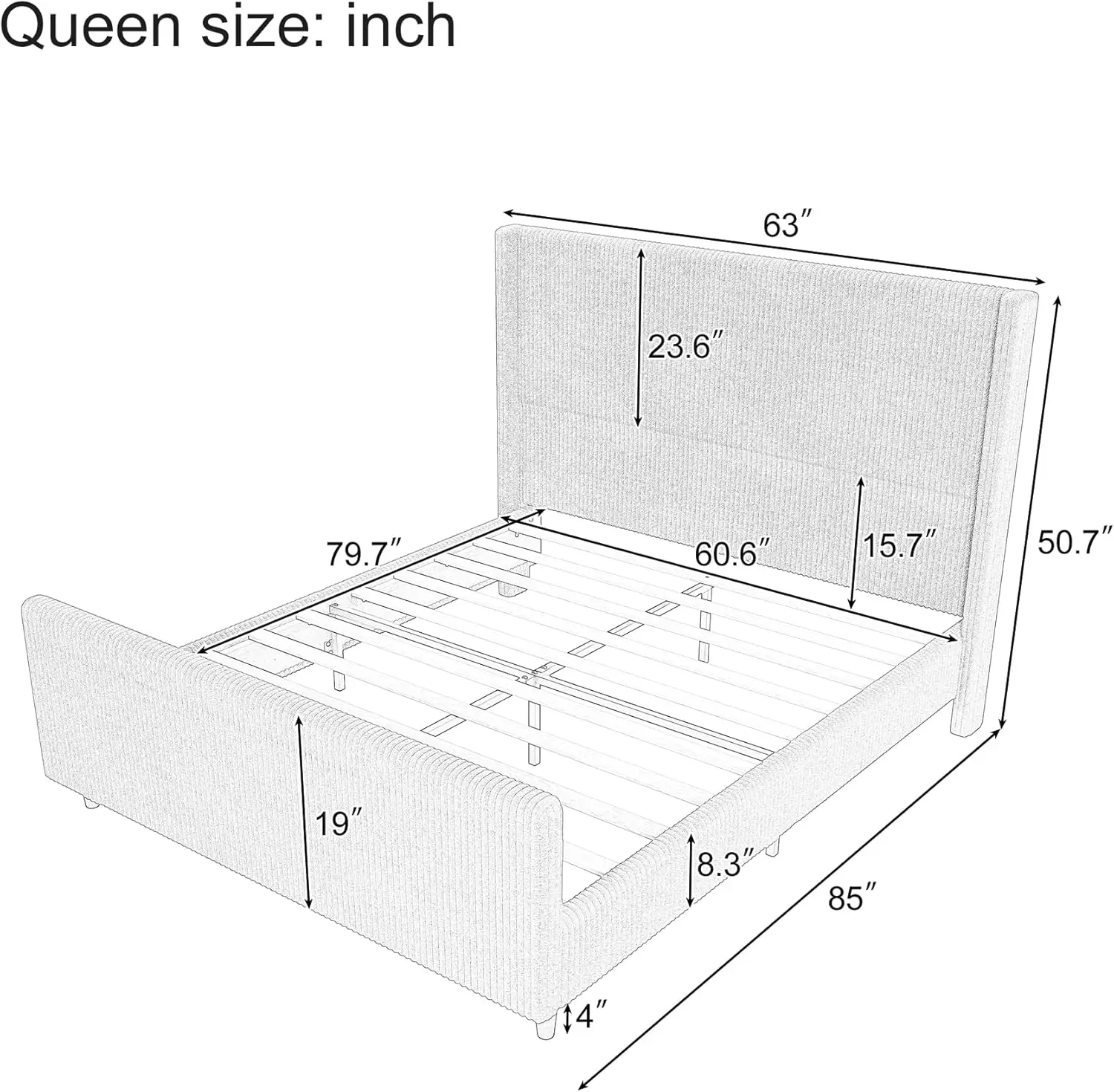 إطار سرير سروال قصير مع لوح رأسي طويل القامة 50.7 بوصة وشريط عمودي مع لوح قدم مرتفع ومنصة منجدة لغرفة النوم N