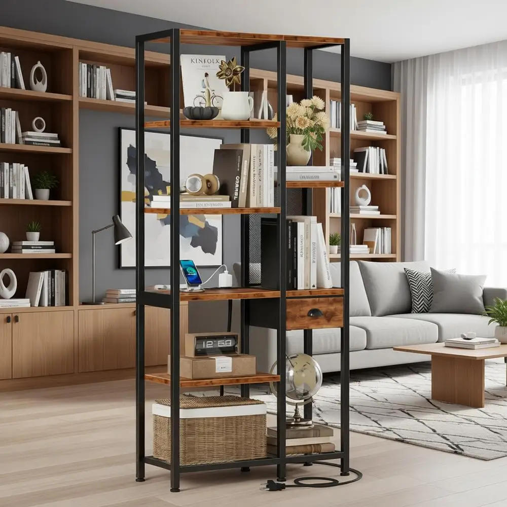 

6-уровневая книжная полка с USB-портами и розеткой, книжный шкаф для зарядной станции для дома, офиса, гостиной, коричневый в деревенском стиле