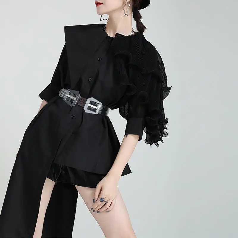 

Sensual Pleated irt Women's Lotus Le Waist Splicing Polyester Bubble Sve ort Sve Deformable Regular Thin