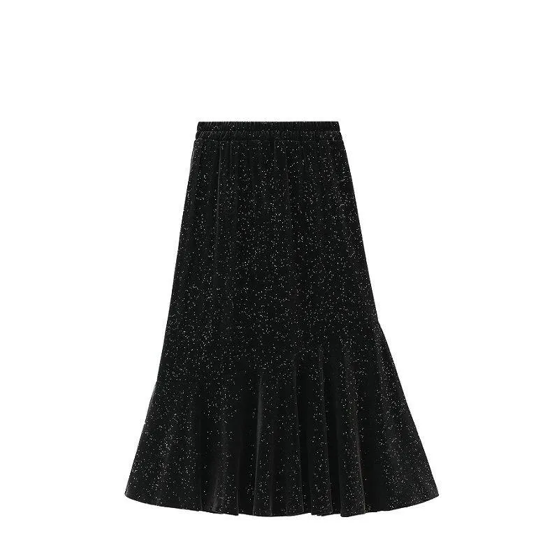 2023 New Starry Sky Sequined Gold Velvet High Waist Slimming Simple Black Fishtail Skirt Casual Solid Color Female Long Skirt