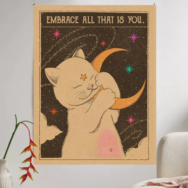 VIKAMA Cat Tapestry Wall Hanging Space Cat Sun Star Planet Retro Cosmic Quote Aesthetic Witchy Bedroom Dorm Decor