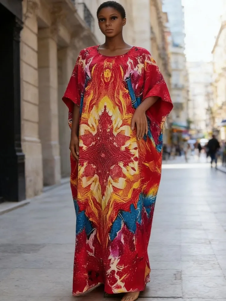 

Новое модное африканское платье-кафтан макси из твила с принтом в стиле бохо, популярное в 2026 году, летнее пляжное богемное длинное платье с рукавами «летучая мышь» для женщин