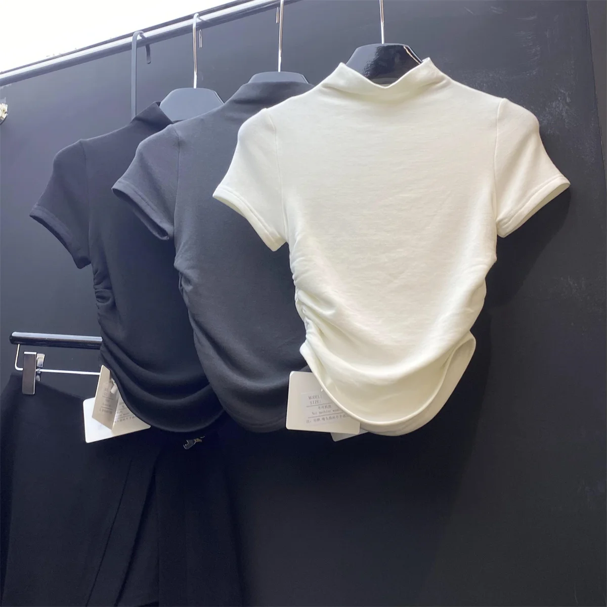 

Short Sleeve T-Shirt Women's Side Pleated Base Shirt Top High Collar Korean Style Slim Fit Polyester Cotton Blend S...