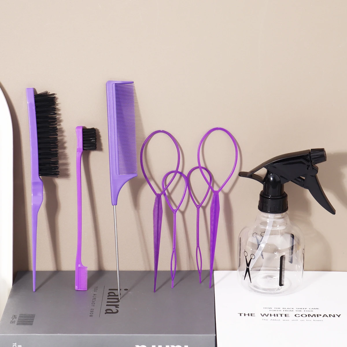 مجموعة أمشاط الشعر مكونة من 8 قطع، فرشاة حافة، فرشاة حافة مشط ذيل الماوس، مع أدوات النسيج وزجاجة الرش، خاصة للشعر المستعار الحقيقي