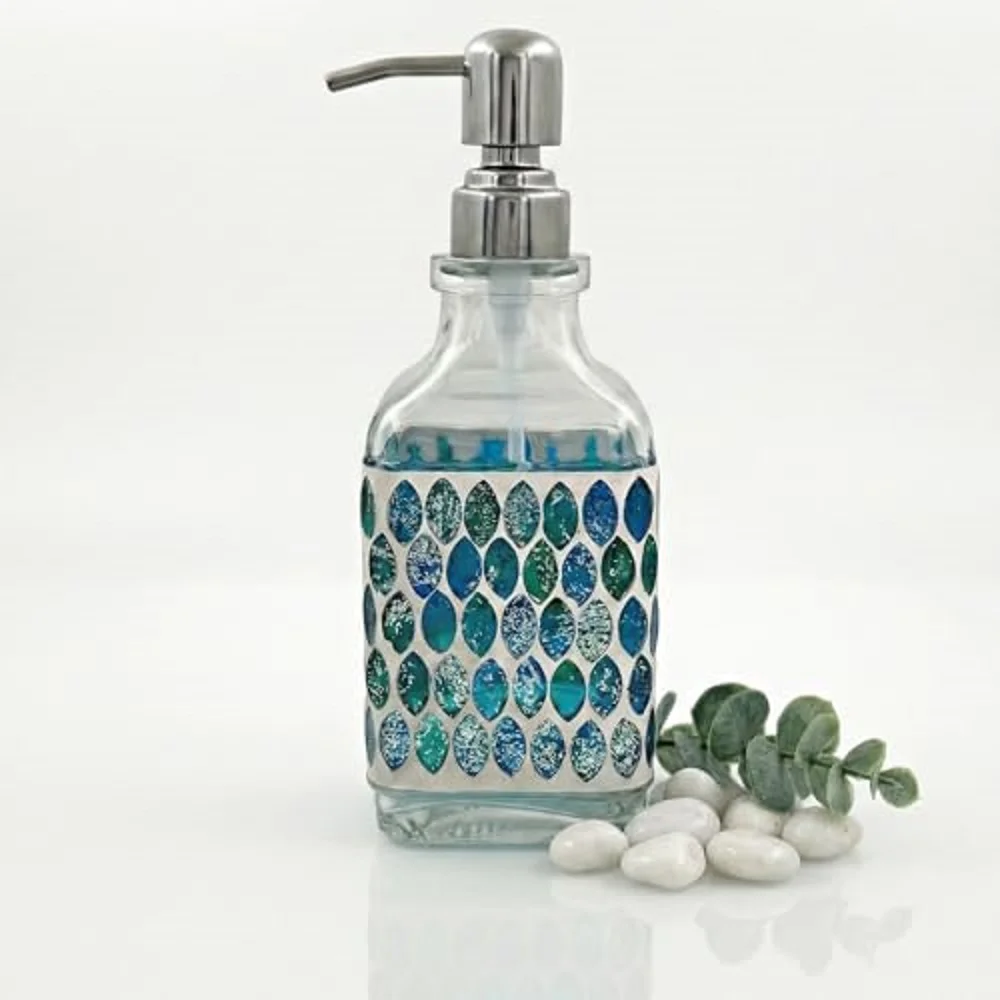 Handcrafted Mosaic Glass Soap Dispenser, Modern Countertop Hand & Dish Soap Dispenser for Bathroom/Kitchen, Refillable Liquid So