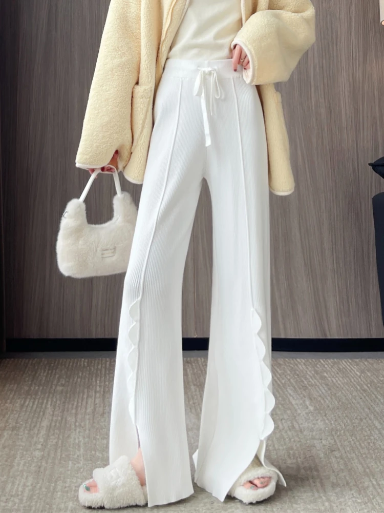 Autumn Winter Thick Split Women Knit Wide Leg Pants High Waist Drawstring Figure Flattering Draped Floor-length Casual Trousers