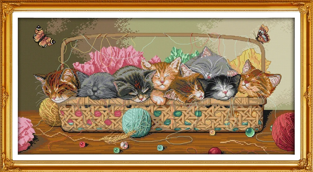 Joy Sunday News Printed Cross Stitch Kit  Easy Pattern Aida  Stamped Fabric with DMC Threads Embroidery Set-Newborn Kittens In T