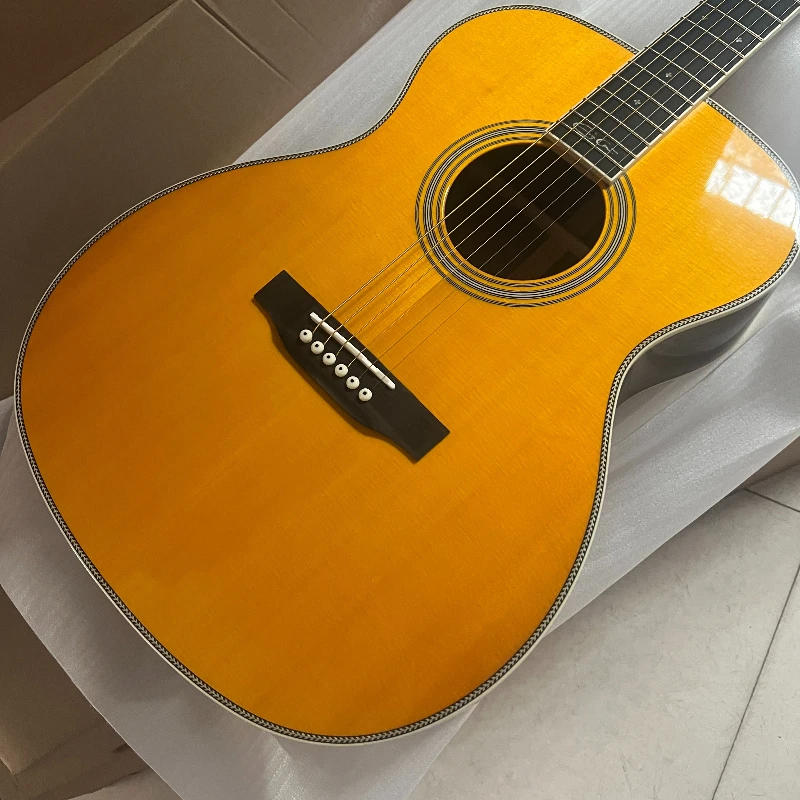 39 Inch 2026 New Retro Yellow OM28 Folk Guitar Spruce Solid Top White Woven Edge Advanced Finger Stretch Style Free Delivery