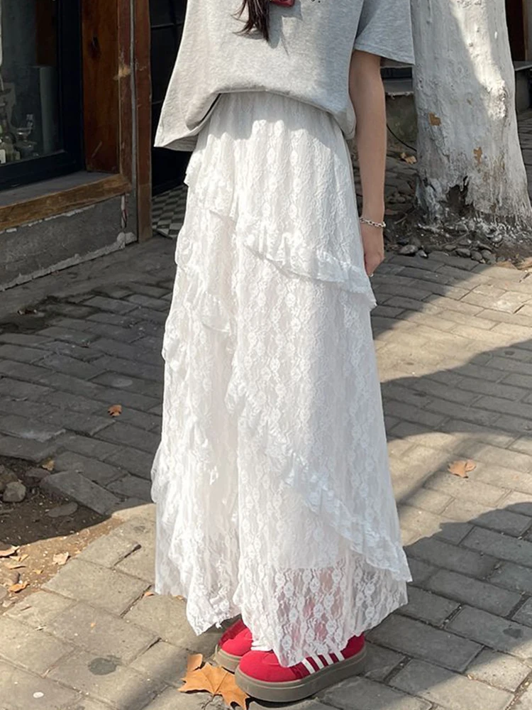 Jupe longue en dentelle blanche et maille pour femmes, Style Preppy doux, élégante, taille haute, Vintage, décontractée, Patchwork, ample, mignonne