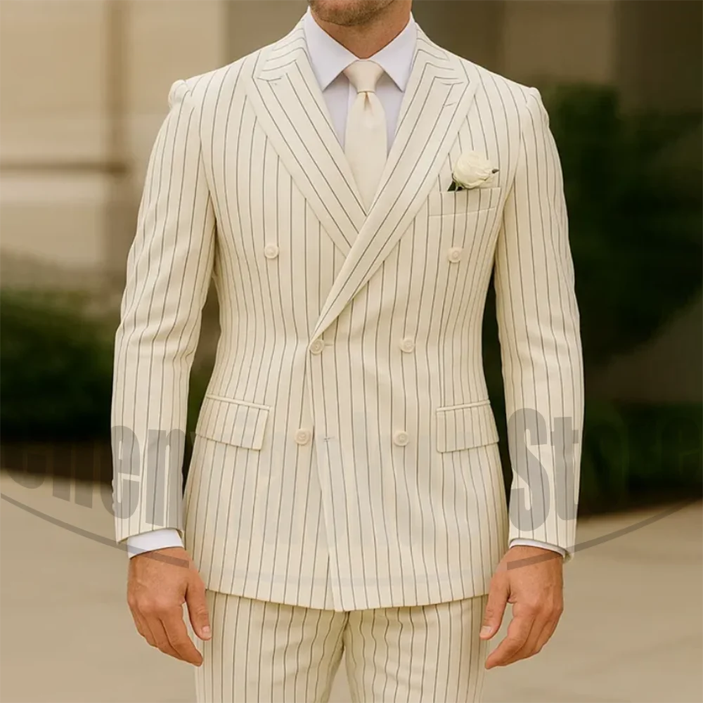 

Chic Men's Ivory Striped Suit Fashion Peak Lapel Double Breasted Outfit Business Casual Slim Office Male Suit (Blazer+Pants)