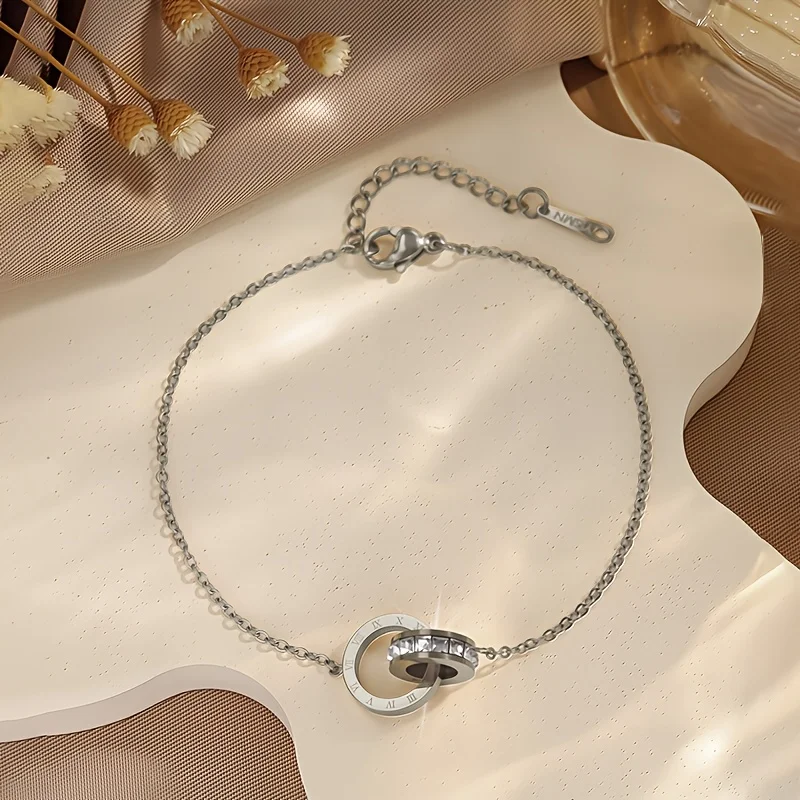 2026 Trendy Titanium Steel Bracelet Stackable Roman Numeral Zircon Cuff Bracelet for Women Luxury Minimalist Jewelry Gift
