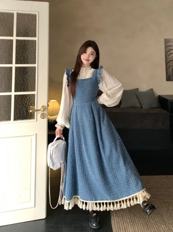 

plus Size Women's Sweet Tassel Blue Denim ter Dr A-Line Long Skirt Autumn Winter High Waist Korean Sle Commute Dr