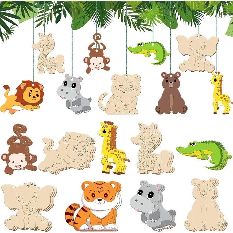 9pcs Mix Unfinished Wood Animal Jungle Cutouts Jungle Animal Crafts Wooden Shapes Crocodile Lion Monkey Elephant Tiger Giraffe