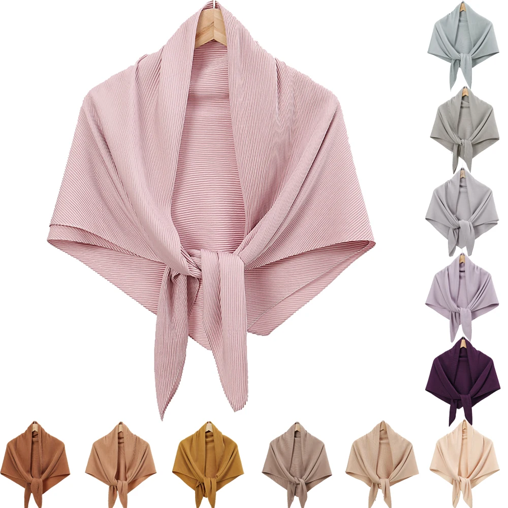 Satin Silk Pleated Square Scarf for New Women Scarves Muslim Hijab Headscarf Wraps Foulard Islamic Headband Turban Bandana Solid