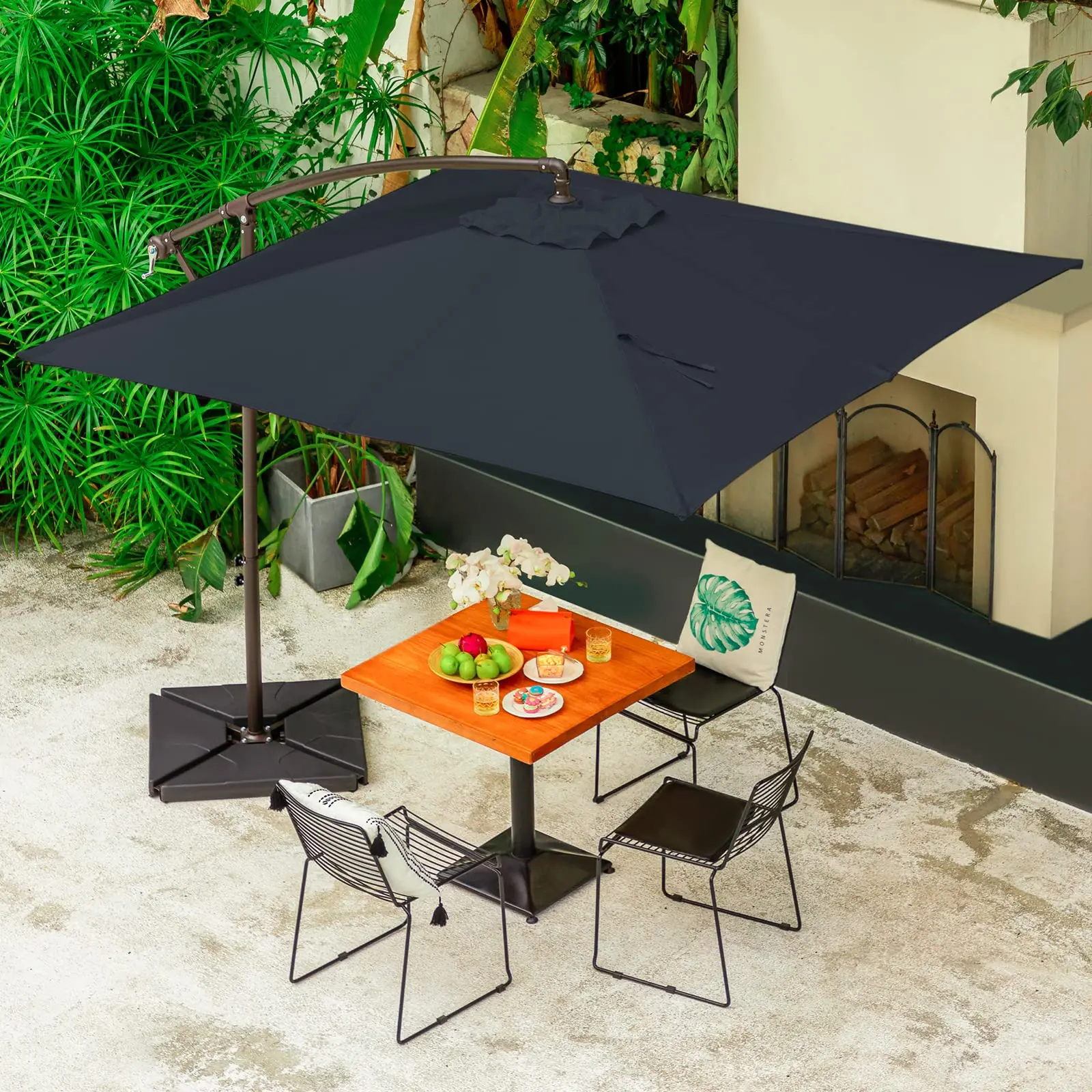 Bumblr 8x8ft Square Outdoor Umbrella with Base Included, Patio Offset Deck Umbrellas with Stand, UV Protected Sun Shade