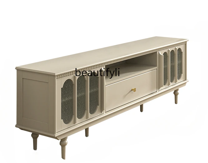 

French Cream Style TV Cabinet Living Room White Advanced SOLID WOOD TV Stand Retro American Style Locker