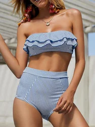 2024 Striped Top Ruffle High Waist Bikini Women Swimwear Female Swimsuit Two-pieces Bikini set Bandeau Bikinis Bathing Suit Swim