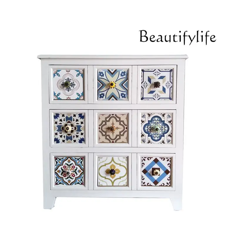 

Mediterranean Painted Vintage Chest of Drawers Solid Wood Pastoral Style Hallway Cabinet