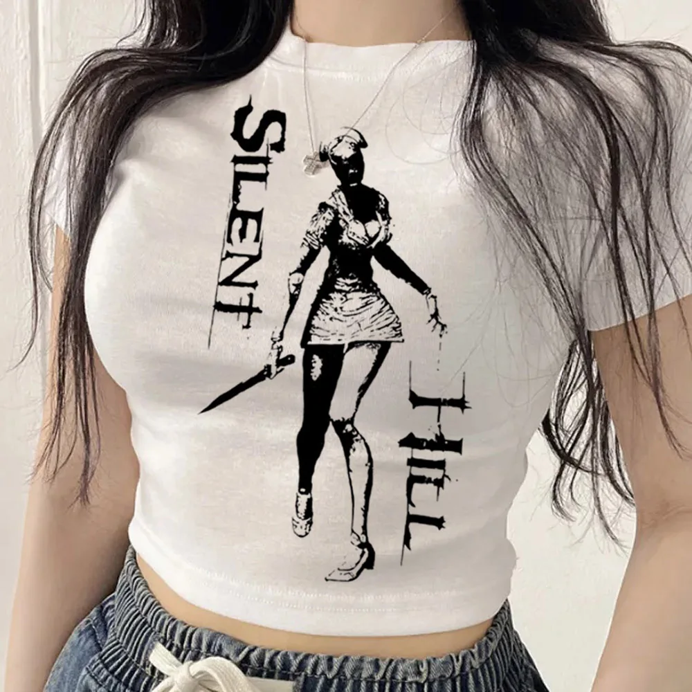 Silent Hill crop top girl clearance sales y2k goth emo streetwear tshirt vintage summer party