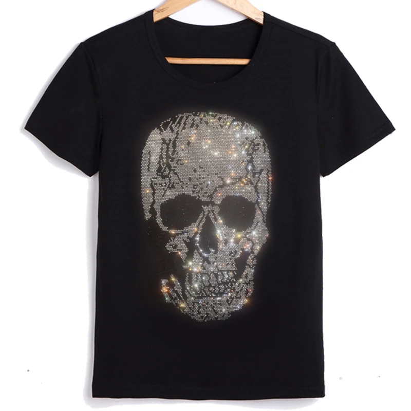 Europe Style Fashion T-shirts For Women Street wear Skull Rhineston T Shirt Summer Casual Top High Quality Femme Short Sleeve T