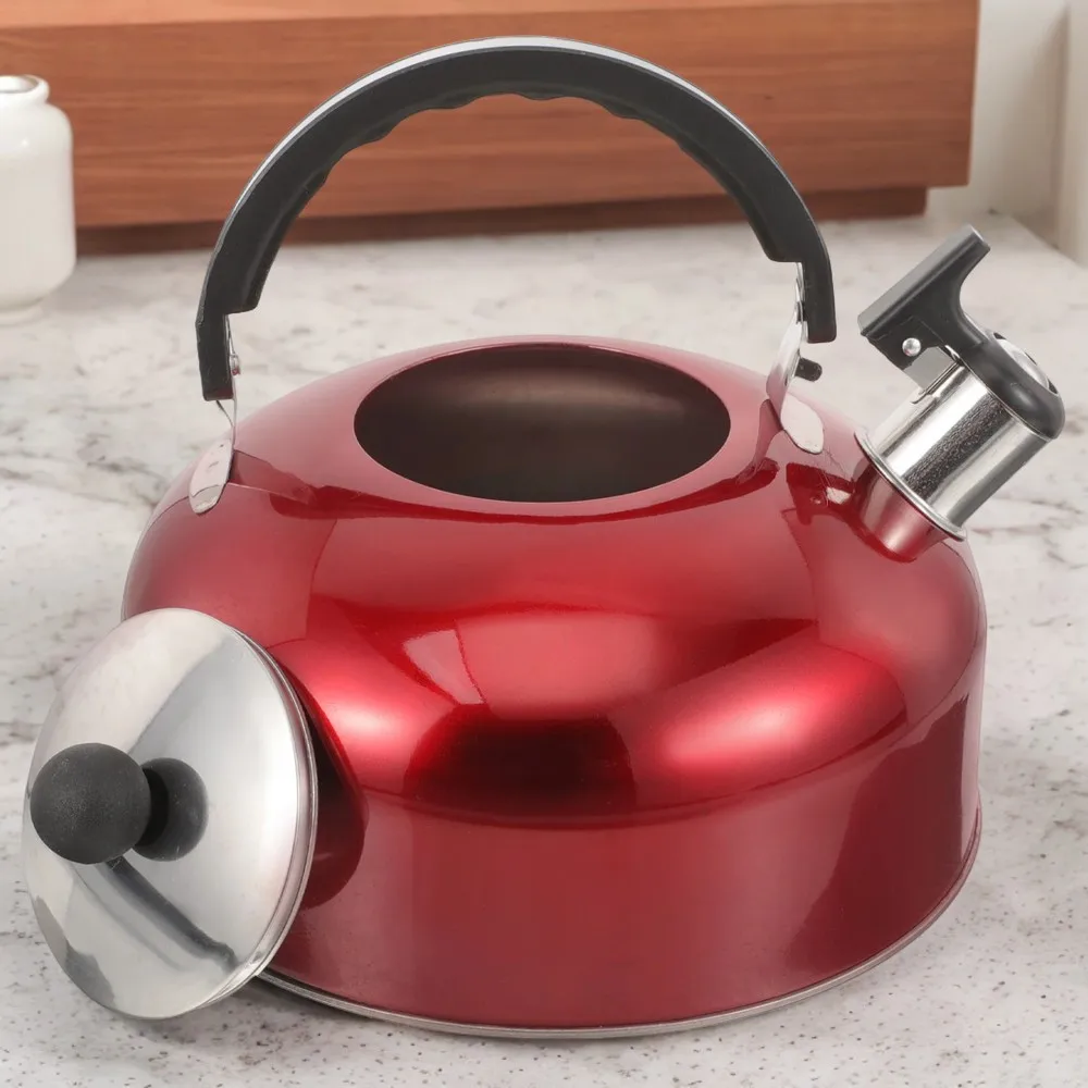 Red Whistling Tea Kettle with Cool Grip Handle, Durable Stainless Steel Tea Pot for Induction Stove, Fast Boiling Water Feature