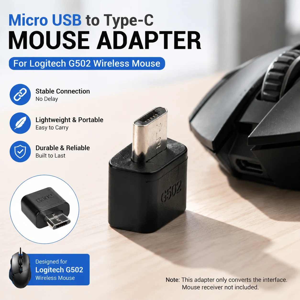 Metal Reinforced Micros To Type-C Adapter for Logitech G502 Wireless Mouse Gaming Mouse Parts Replacement Accessory 1PCS Black