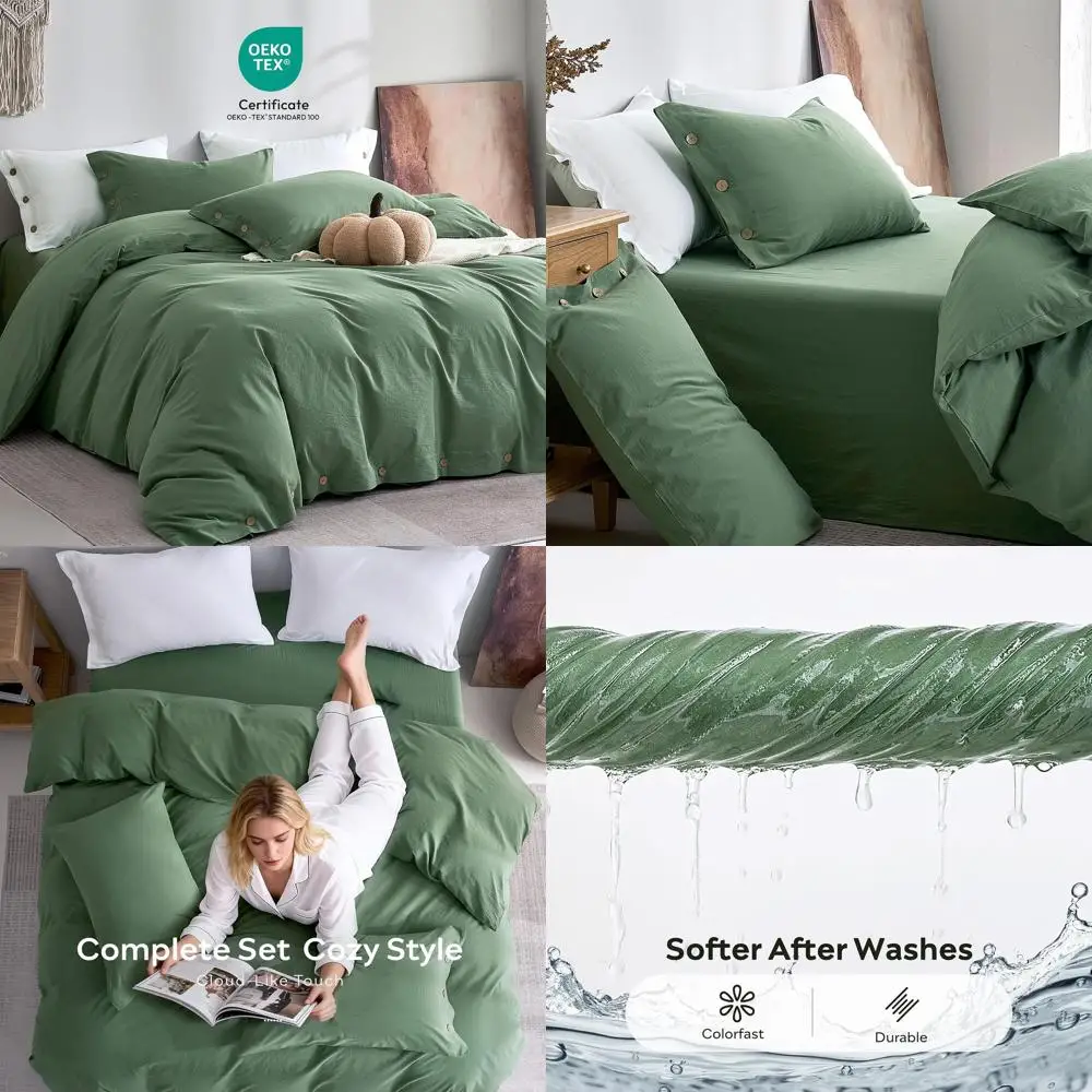 

Комплект пододеяльников Twin Size из 100% хлопка с эффектом стирки - дышащий лен, натуральная текстура, застежка на пуговицах, пыльно-зеленый, 68x90