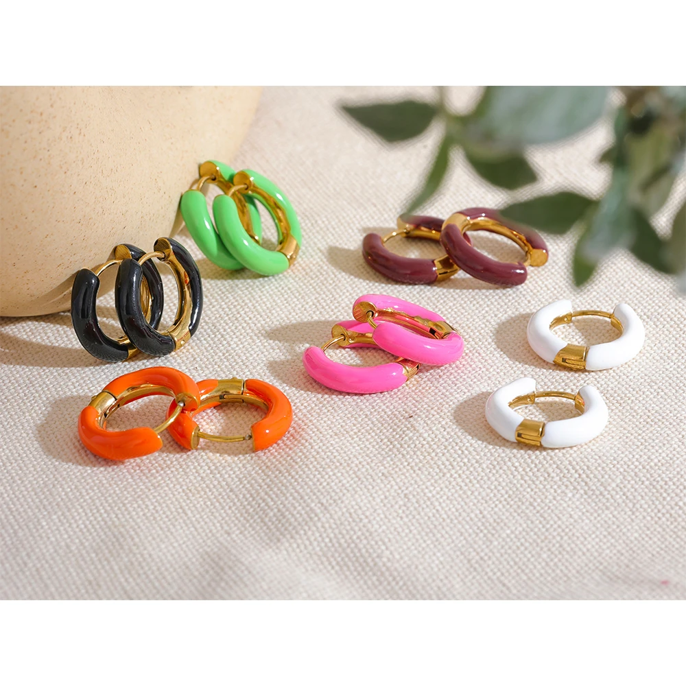 Yhpup 20mm Trendy Orange Green Enamel Stainless Steel Round Hoop Huggie Earrings Waterproof Charm Fashion Daily Jewelry Women
