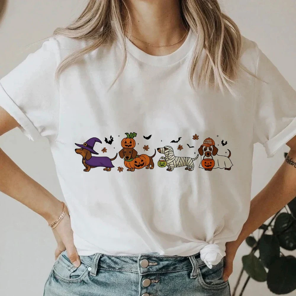 

Halloween Dachshund T-Shirt Funny Farmhouse Tee Casual Short Sleeve Top Women's Clothing Cartoon Streetwear Y2k Clothes