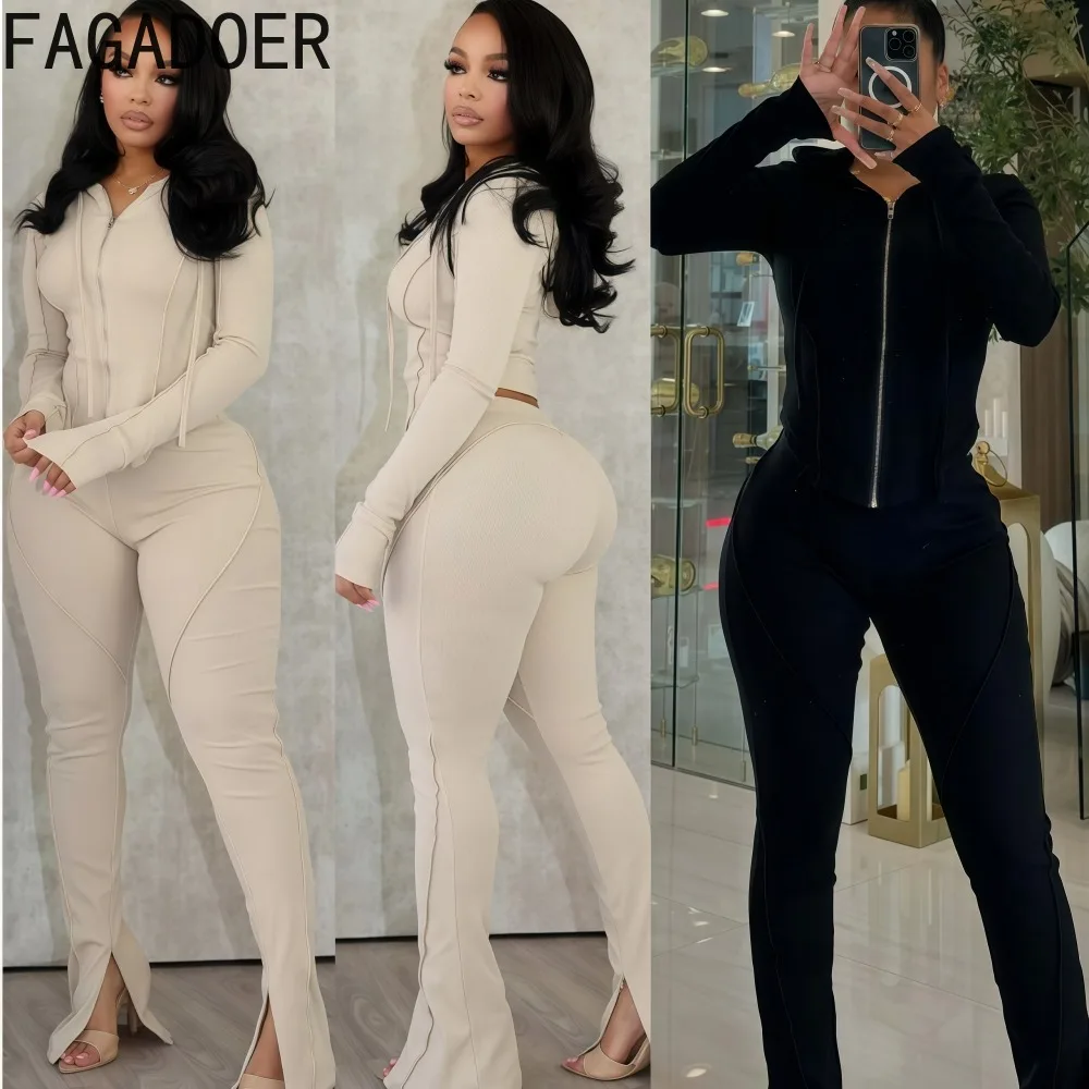 

FAGADOER Casual Ribbing Two Piece Outfits Woman Solid Color Long Sleeves Hooded Jacket + Pants Matching Female Streetwear New