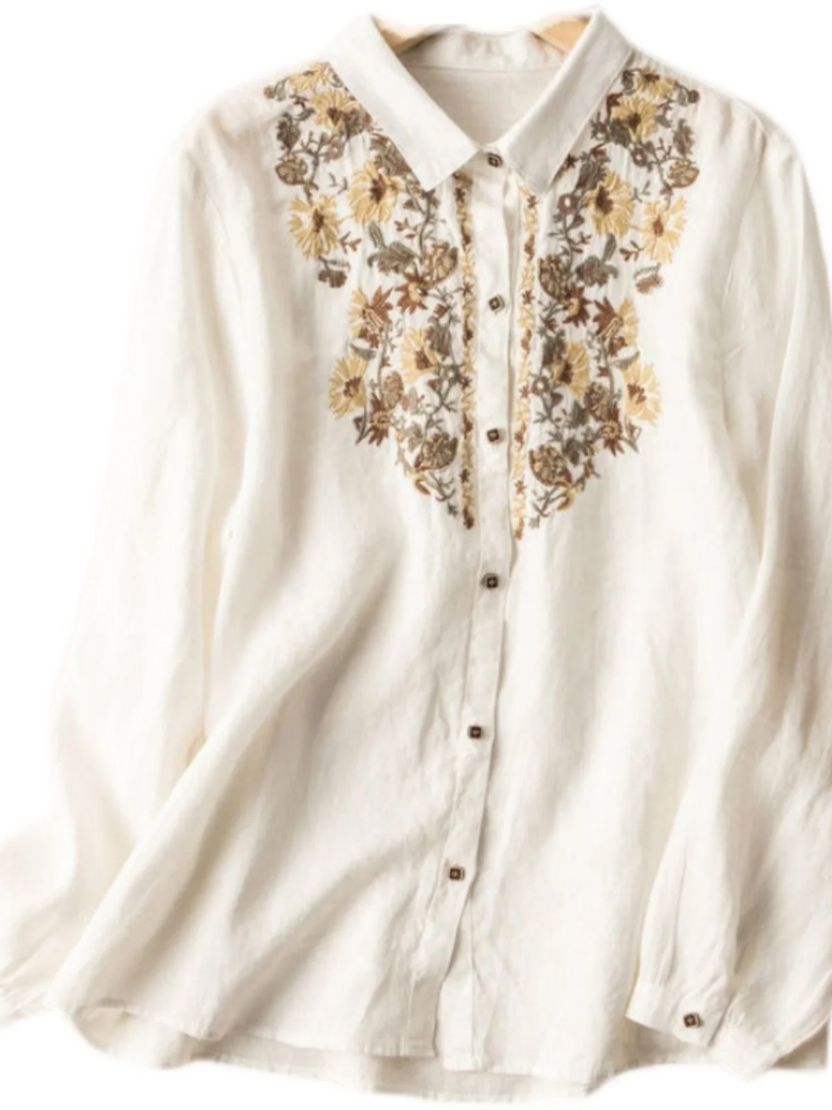 Artistiek Vintage Geborduurd Losvallend Linnen irt Dames Faion Afslanken Casual Binnenkleding Lente Seizoen Lang Sve