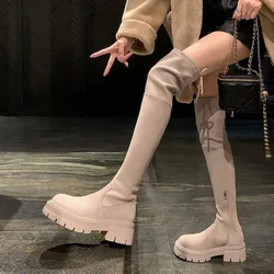 Thick Bottom Over The Knee Elastic Boots Female 2023 New Autumn Winter Thick Heel Suede Skinny Boots Strap Thigh-high Long Botas