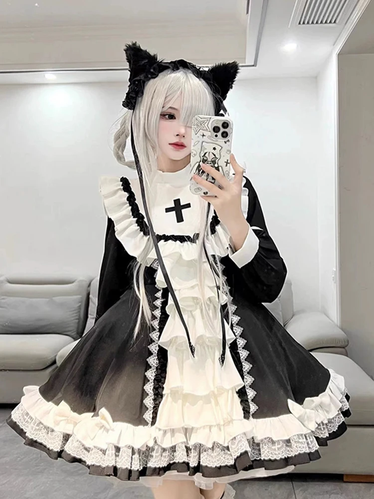 

Bla White Gothic Nun Sle Lolita Dog ort Dr Puffy Halloween Princ Юбка с высокой талией A-Line Long Sve Повседневная одежда