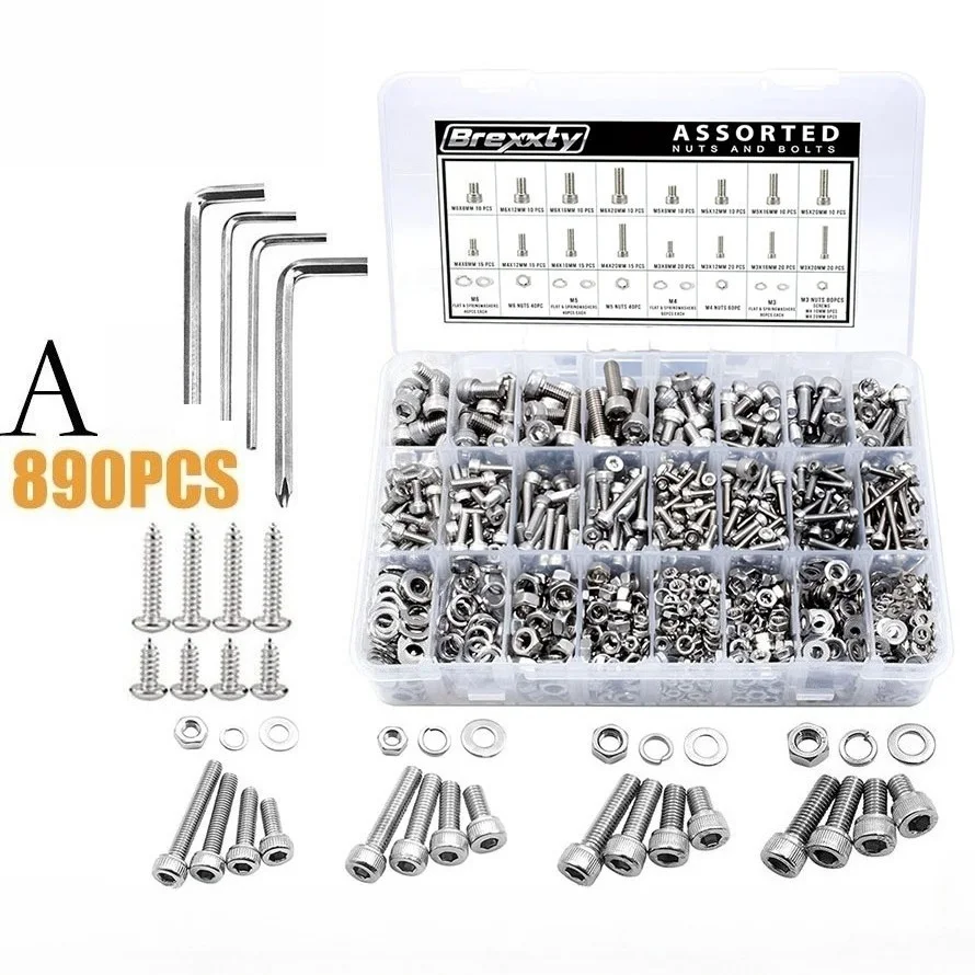5 Options (400pcs/890pcs/1230pcs/1290pcs/1570pcs) 304 stainless steel cylindrical head hexagon screw combination screw nut set