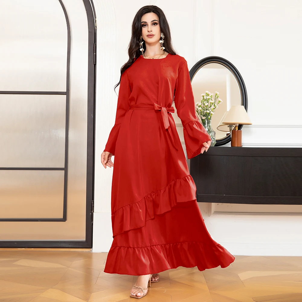 

Fridayin Muslim Abaya Elegant style Long Dresses for Women Solid Color Round Neck Flared Sleeve Female Skirt Kaftan